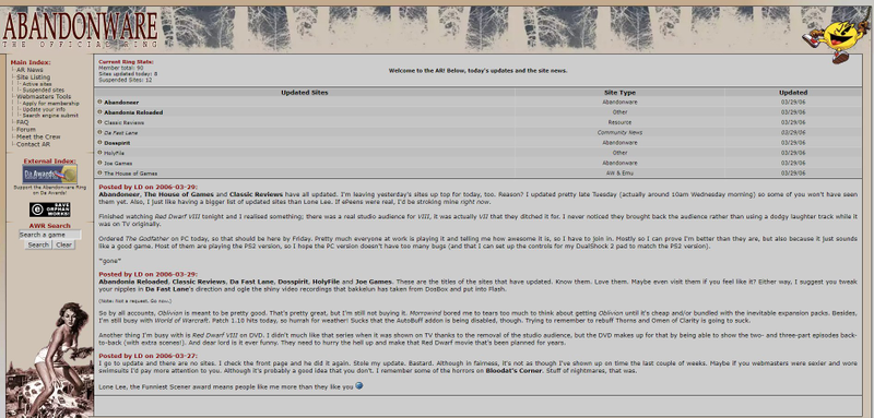 An archived version of the Abandonware Ring front page, which still exists to this day, although many listings and ads point to digital retailers now.